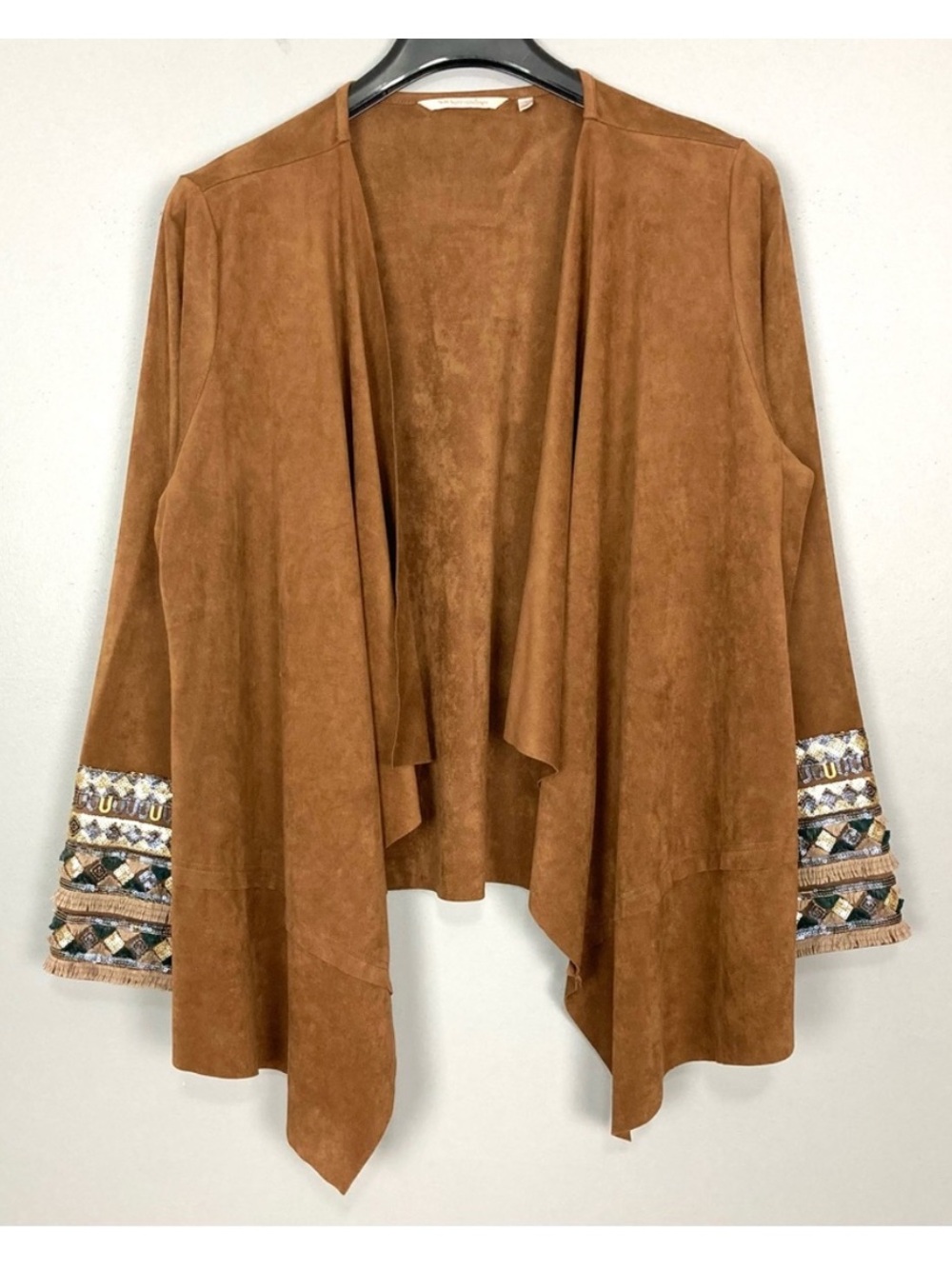 Soft Surroundings Faux Suede Cardigan Women’s Size L Boho Sequin Cuffs Fringe